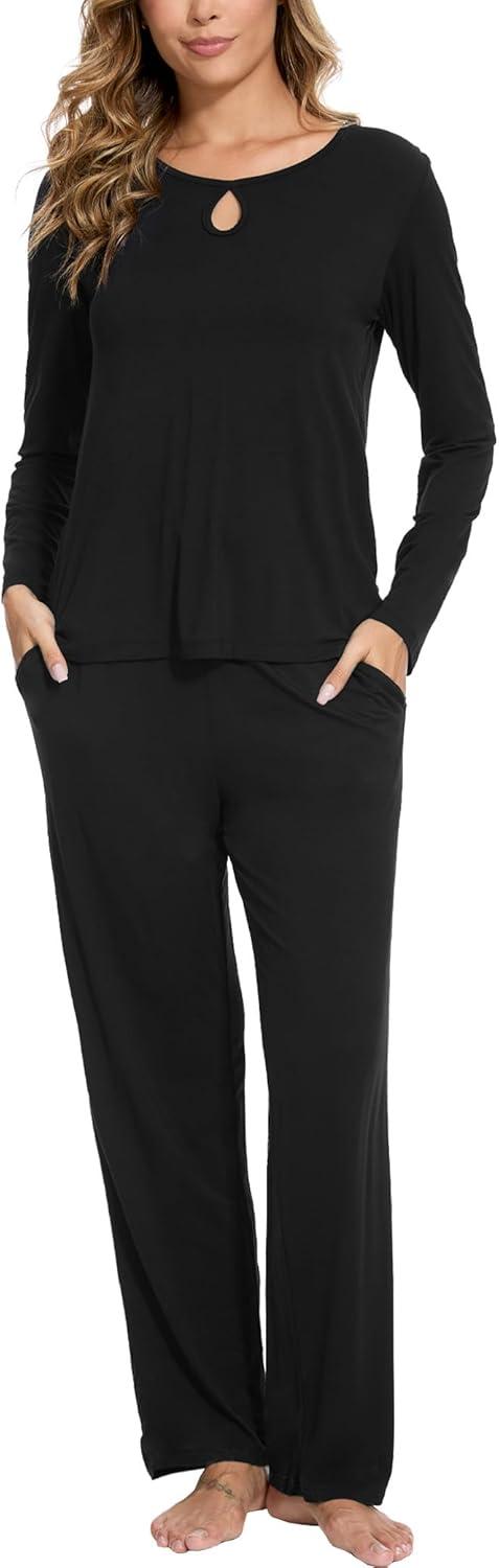 imageGYS Bamboo Viscose Pajamas Set for Women Crew Neck Long Sleeve Sleepwear Soft Loungewear SetBlack
