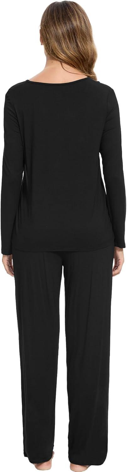 imageGYS Bamboo Viscose Pajamas Set for Women Crew Neck Long Sleeve Sleepwear Soft Loungewear SetBlack