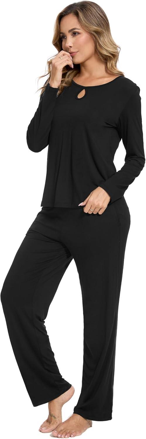imageGYS Bamboo Viscose Pajamas Set for Women Crew Neck Long Sleeve Sleepwear Soft Loungewear SetBlack