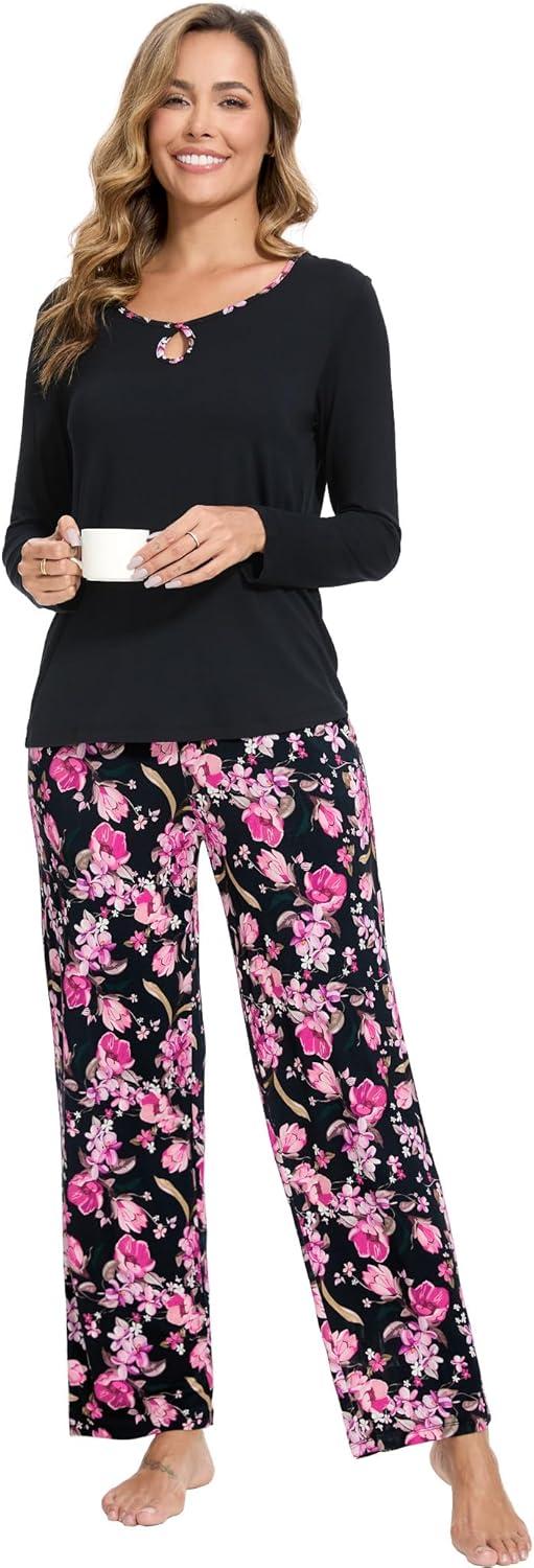 imageGYS Bamboo Viscose Pajamas Set for Women Crew Neck Long Sleeve Sleepwear Soft Loungewear SetBlackFlowers