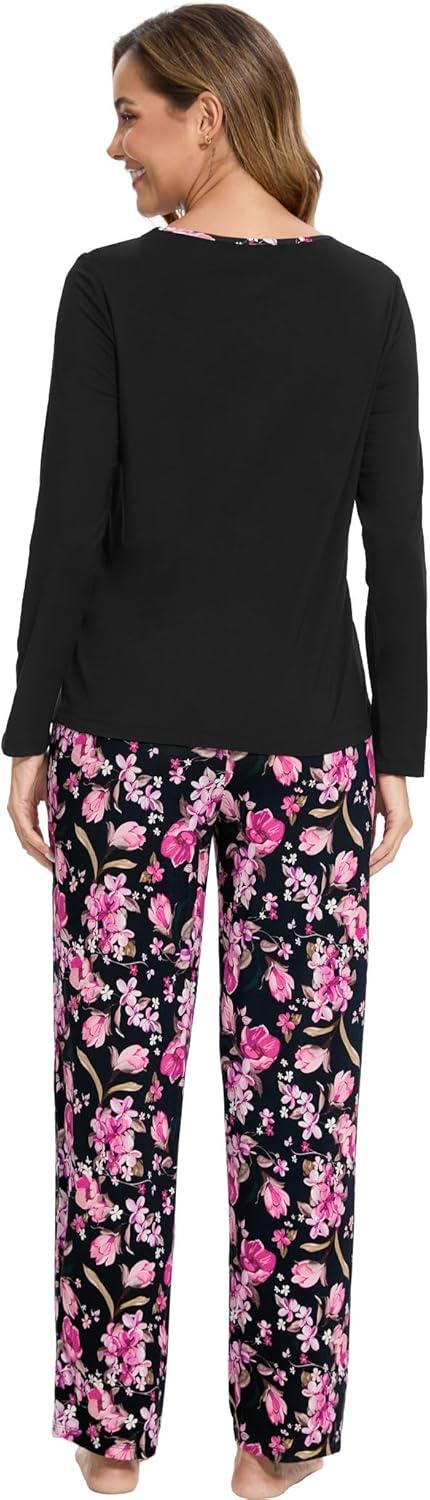 imageGYS Bamboo Viscose Pajamas Set for Women Crew Neck Long Sleeve Sleepwear Soft Loungewear SetBlackFlowers