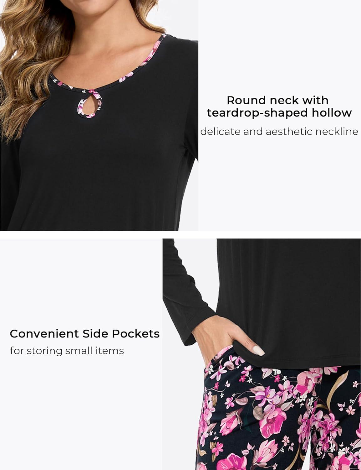 imageGYS Bamboo Viscose Pajamas Set for Women Crew Neck Long Sleeve Sleepwear Soft Loungewear SetBlackFlowers