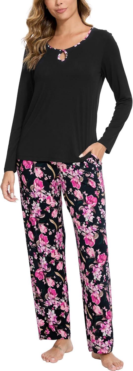 imageGYS Bamboo Viscose Pajamas Set for Women Crew Neck Long Sleeve Sleepwear Soft Loungewear SetBlackFlowers