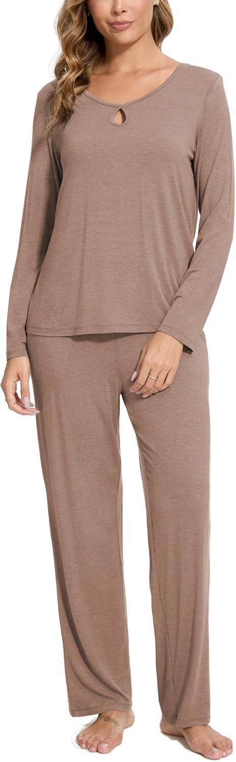 imageGYS Bamboo Viscose Pajamas Set for Women Crew Neck Long Sleeve Sleepwear Soft Loungewear SetCamel