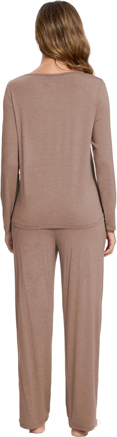 imageGYS Bamboo Viscose Pajamas Set for Women Crew Neck Long Sleeve Sleepwear Soft Loungewear SetCamel
