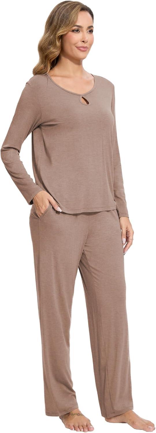 imageGYS Bamboo Viscose Pajamas Set for Women Crew Neck Long Sleeve Sleepwear Soft Loungewear SetCamel
