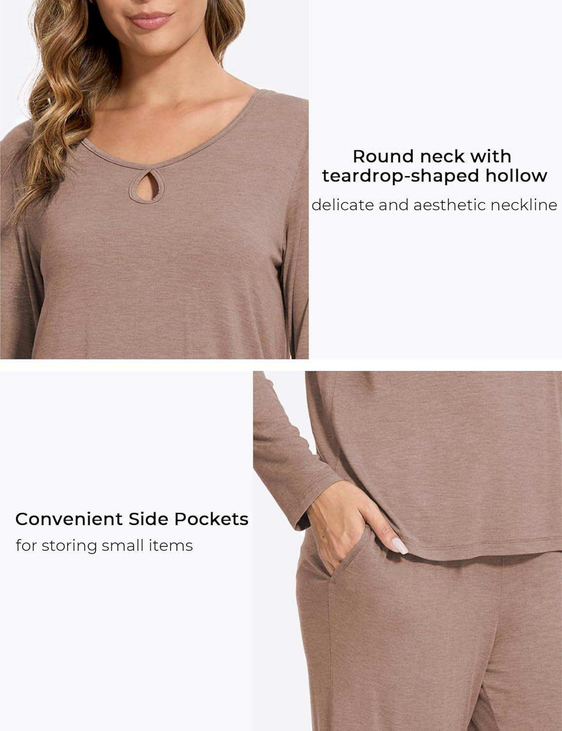 imageGYS Bamboo Viscose Pajamas Set for Women Crew Neck Long Sleeve Sleepwear Soft Loungewear SetCamel
