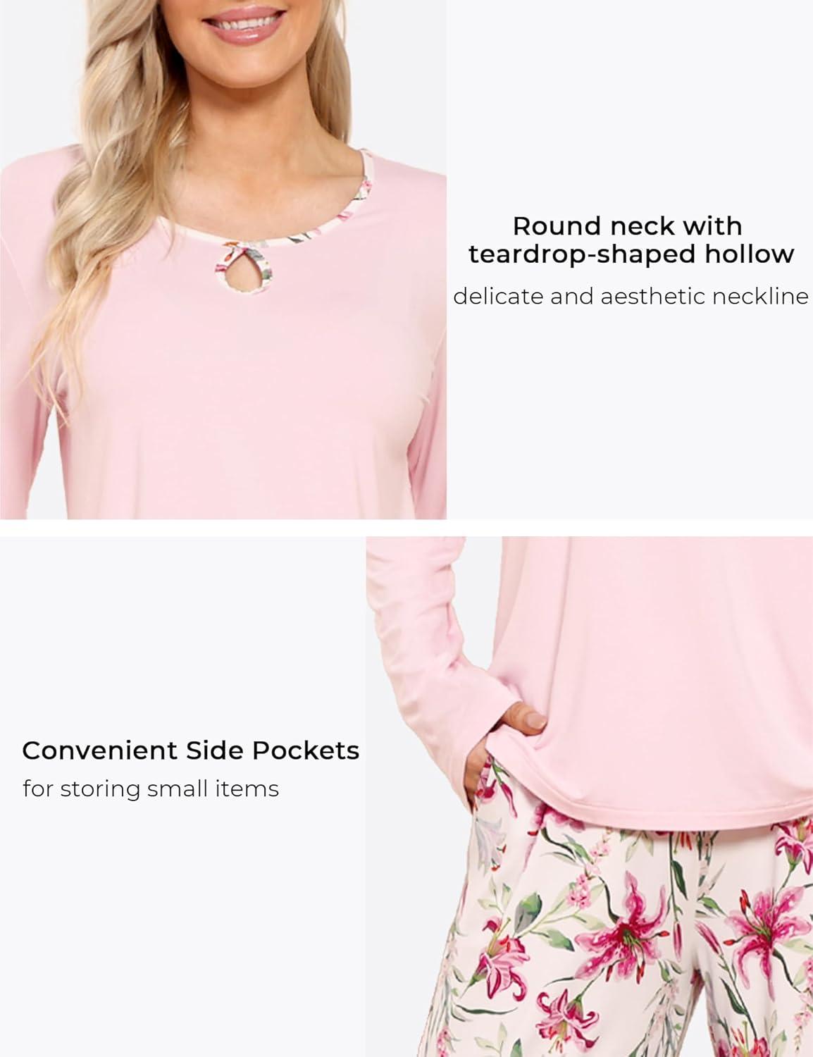 imageGYS Bamboo Viscose Pajamas Set for Women Crew Neck Long Sleeve Sleepwear Soft Loungewear SetPinkFlowers