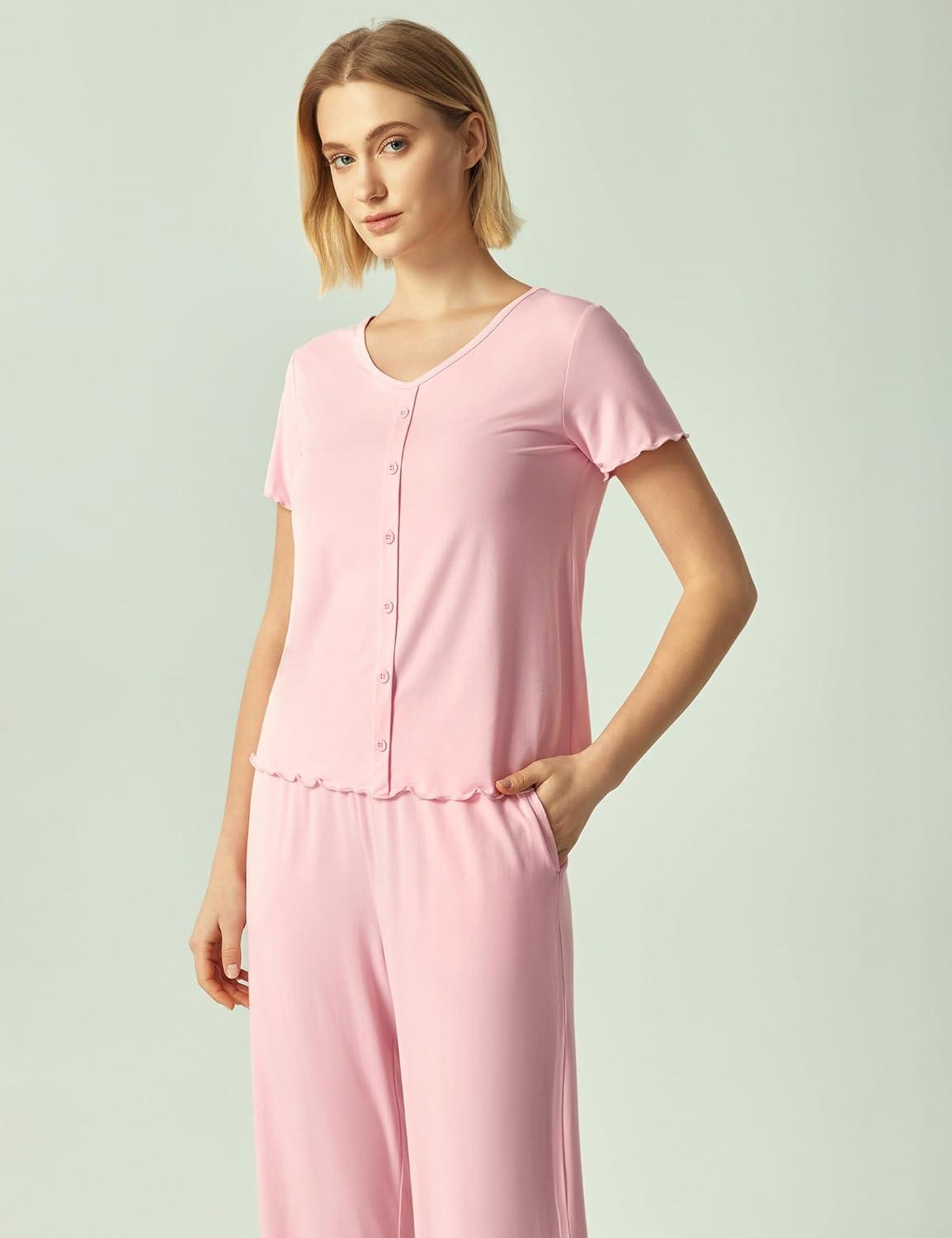 imageGYS Bamboo Viscose Pajamas for Women Short Sleeve Sleep Shirt and Wide Leg Pj Pants Sleepwear SetPink