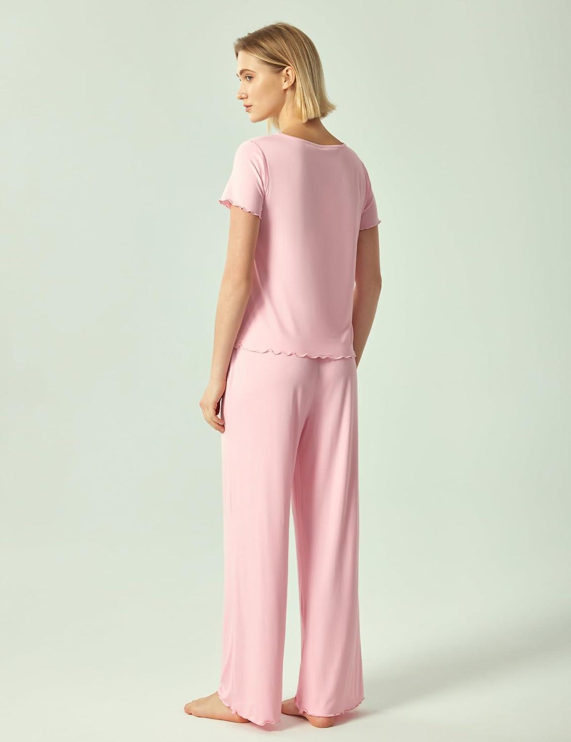 imageGYS Bamboo Viscose Pajamas for Women Short Sleeve Sleep Shirt and Wide Leg Pj Pants Sleepwear SetPink