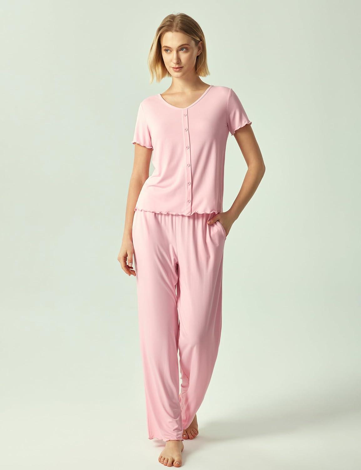 imageGYS Bamboo Viscose Pajamas for Women Short Sleeve Sleep Shirt and Wide Leg Pj Pants Sleepwear SetPink