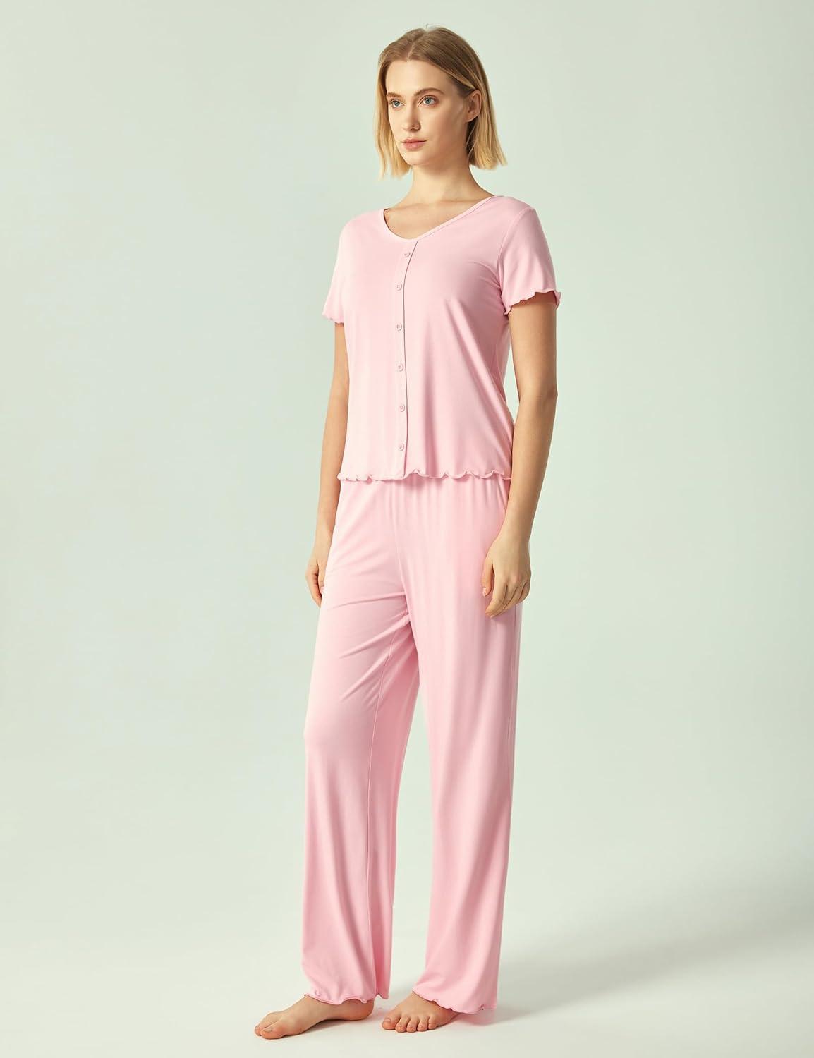imageGYS Bamboo Viscose Pajamas for Women Short Sleeve Sleep Shirt and Wide Leg Pj Pants Sleepwear SetPink