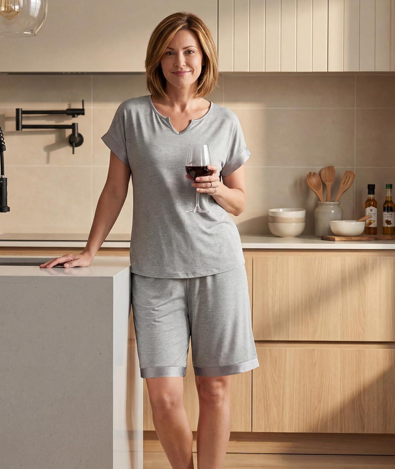 imageGYS Bamboo Viscose Womens Pajama Sets 2 Piece Soft Short Sleeve Shirt and Bermuda Shorts Pajamas Set Lounge SetsHeather Grey