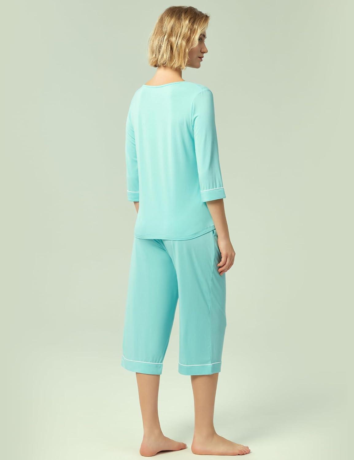 imageGYS Bamboo Viscose Womens Pajama Sets 34 Sleeve Top and Capri Pants 2 Piece Sleep SetAqua
