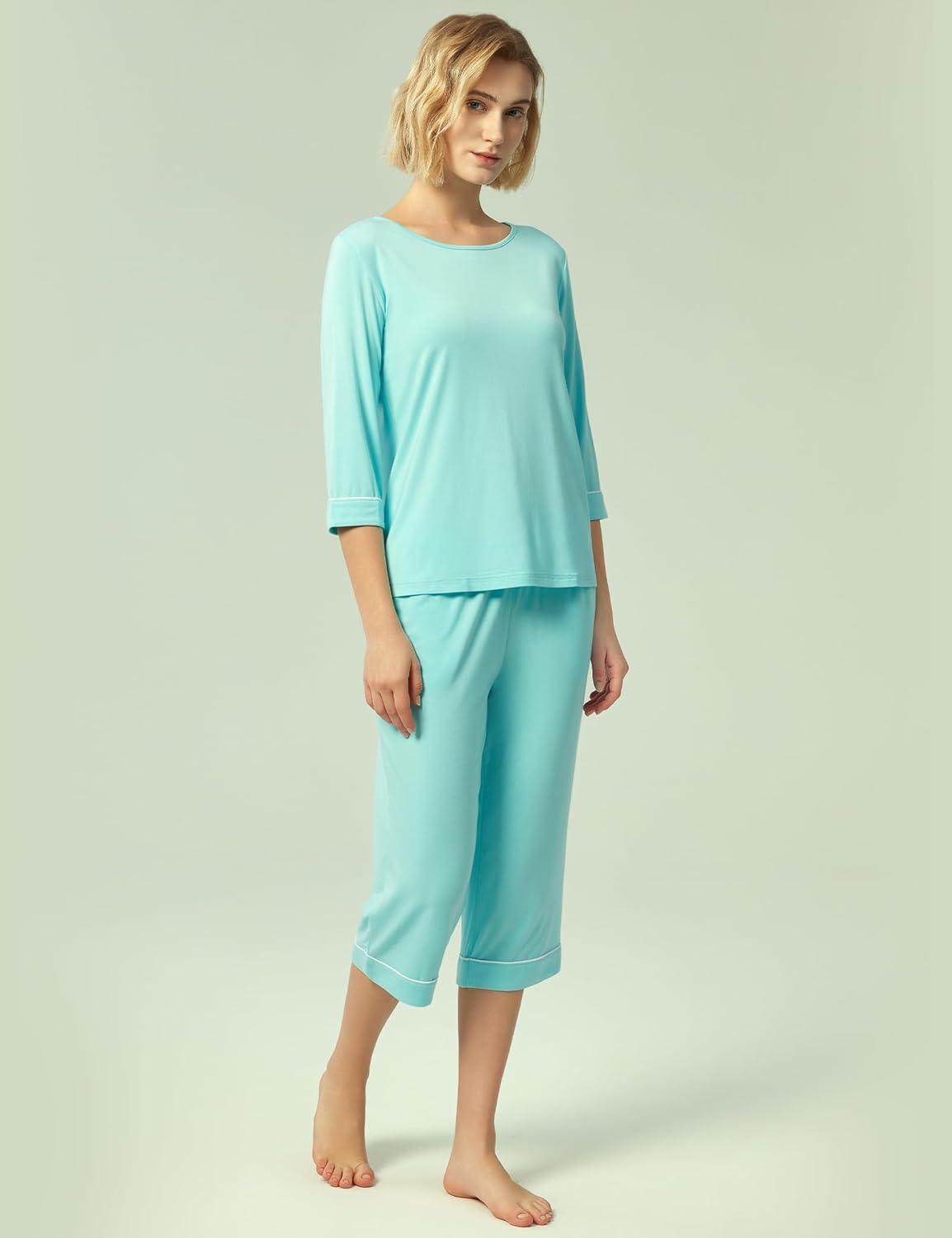imageGYS Bamboo Viscose Womens Pajama Sets 34 Sleeve Top and Capri Pants 2 Piece Sleep SetAqua