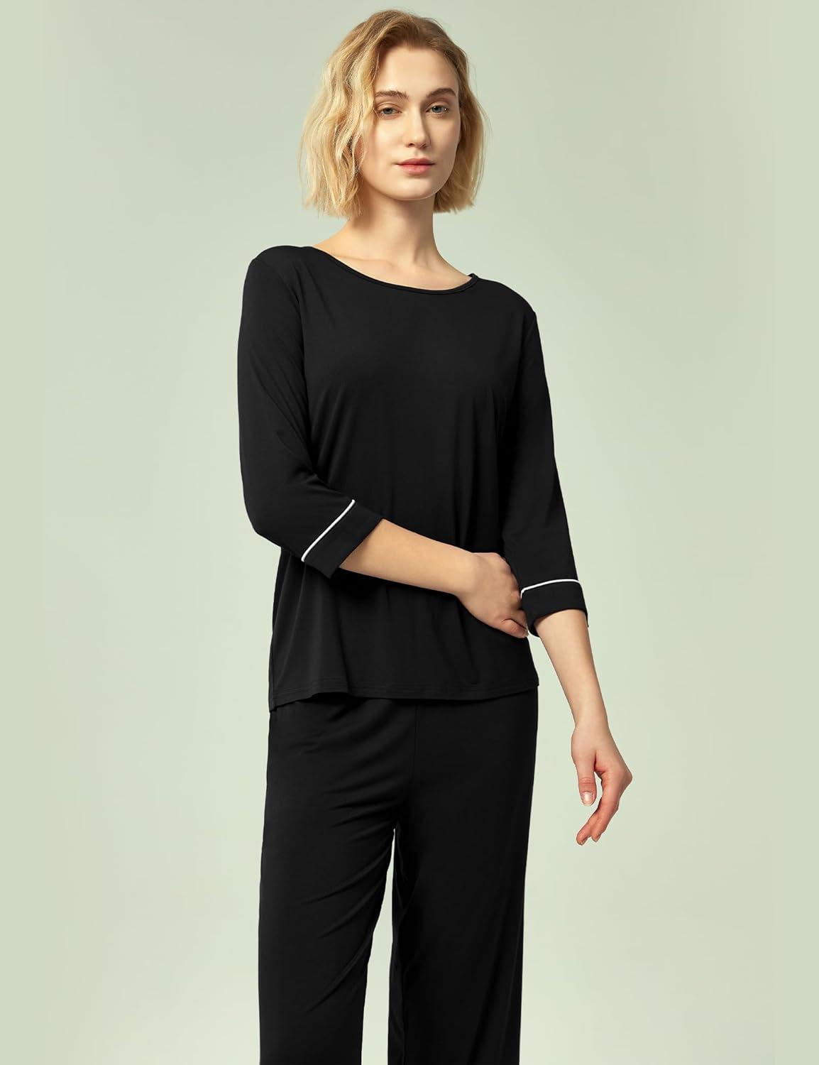 imageGYS Bamboo Viscose Womens Pajama Sets 34 Sleeve Top and Capri Pants 2 Piece Sleep SetBlack