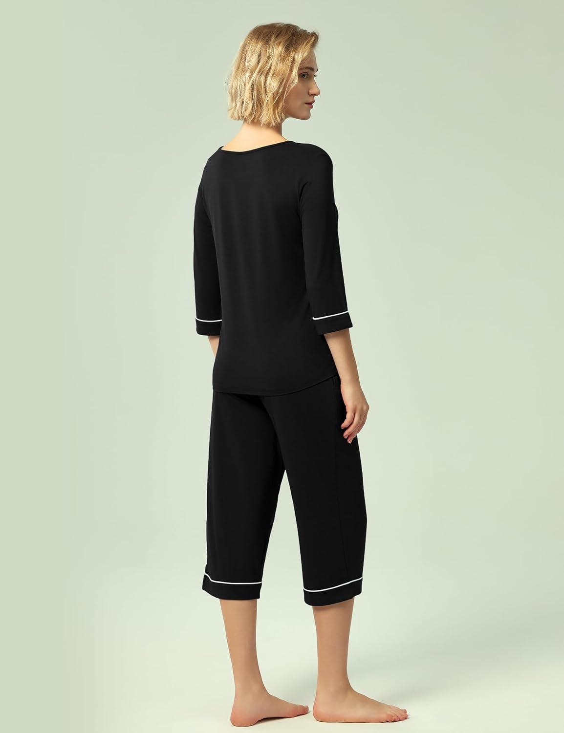imageGYS Bamboo Viscose Womens Pajama Sets 34 Sleeve Top and Capri Pants 2 Piece Sleep SetBlack