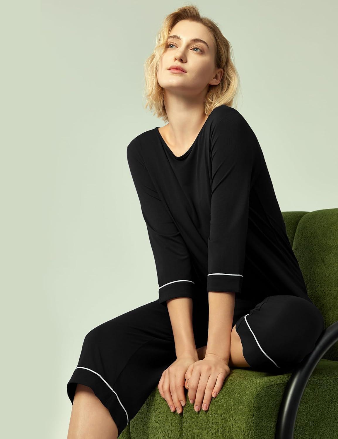 imageGYS Bamboo Viscose Womens Pajama Sets 34 Sleeve Top and Capri Pants 2 Piece Sleep SetBlack