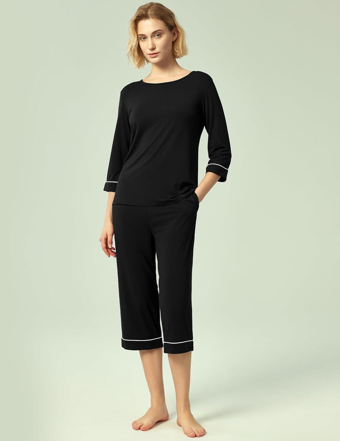 imageGYS Bamboo Viscose Womens Pajama Sets 34 Sleeve Top and Capri Pants 2 Piece Sleep SetBlack