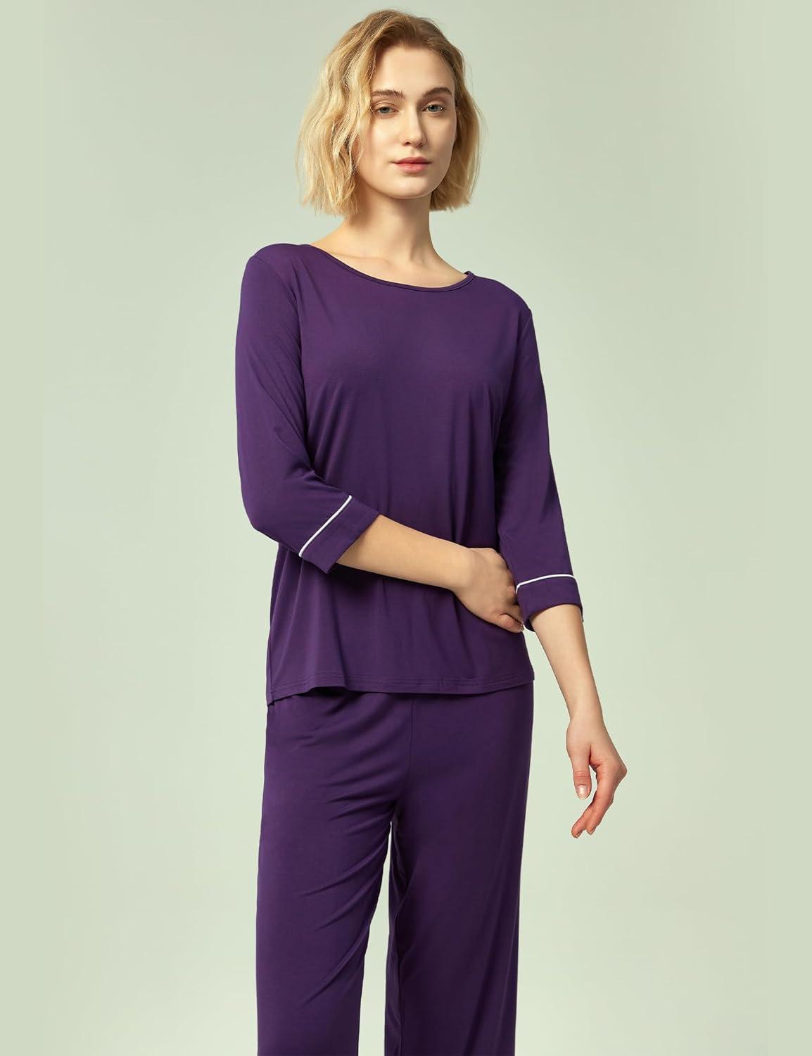 imageGYS Bamboo Viscose Womens Pajama Sets 34 Sleeve Top and Capri Pants 2 Piece Sleep SetDeep Purple