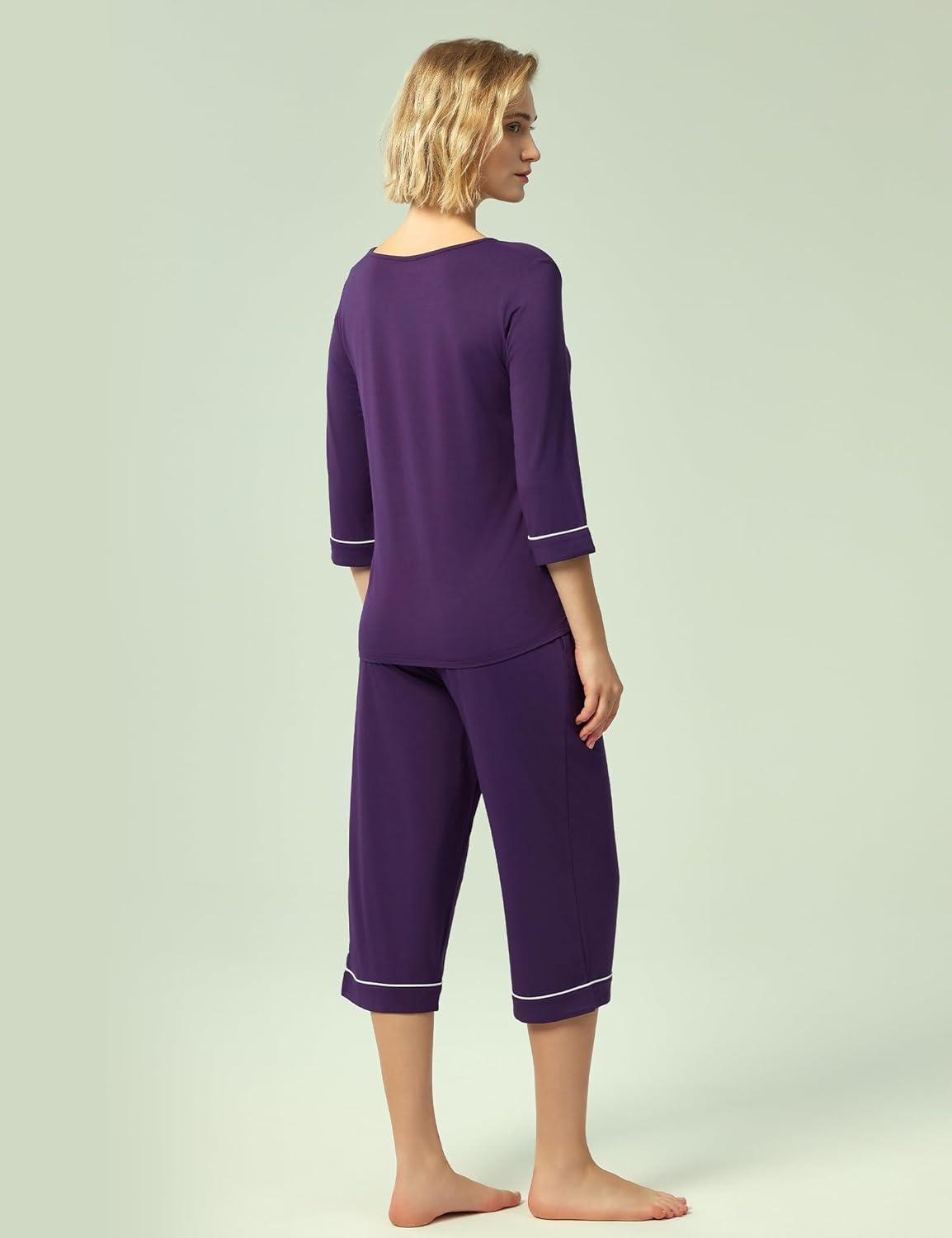 imageGYS Bamboo Viscose Womens Pajama Sets 34 Sleeve Top and Capri Pants 2 Piece Sleep SetDeep Purple