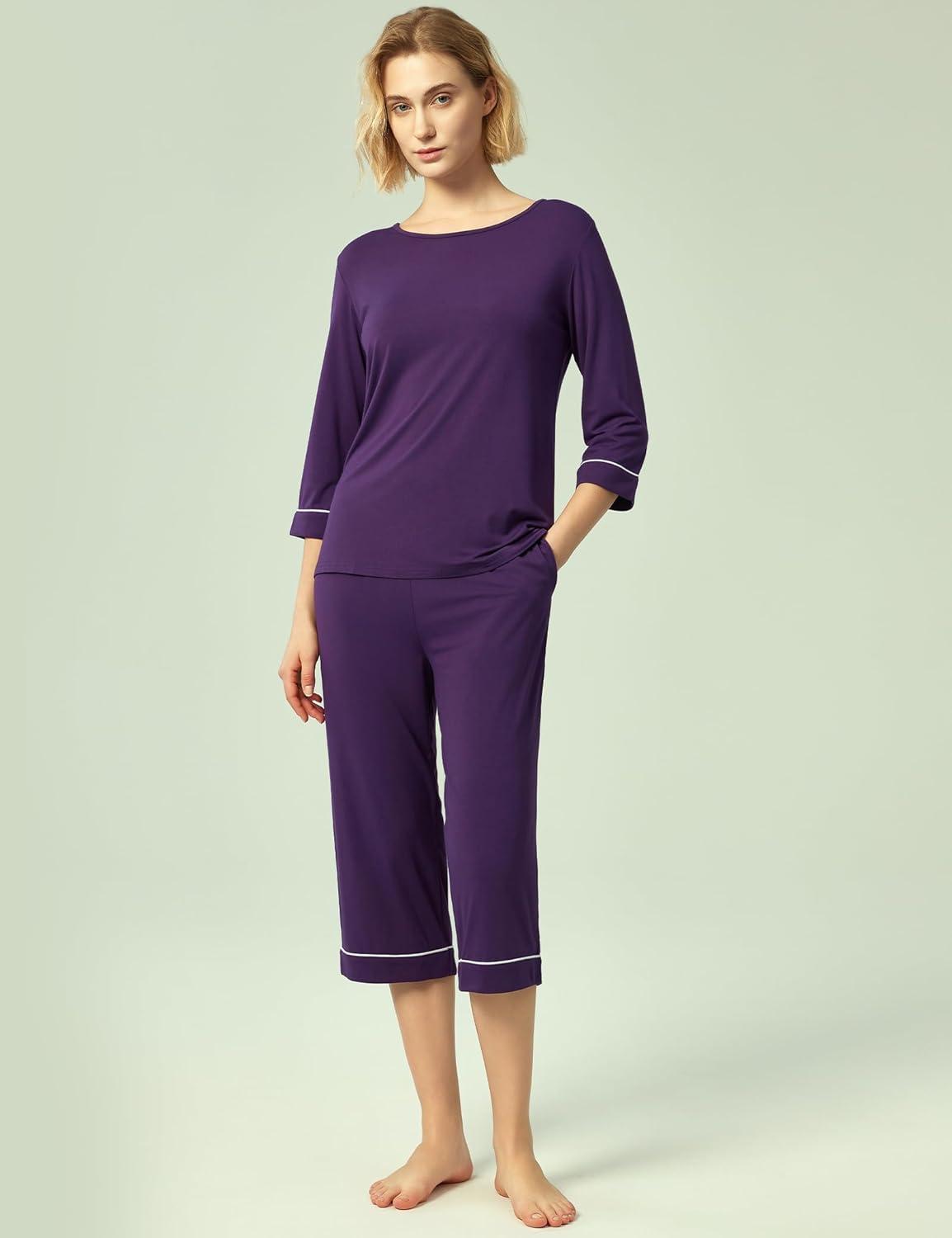 imageGYS Bamboo Viscose Womens Pajama Sets 34 Sleeve Top and Capri Pants 2 Piece Sleep SetDeep Purple