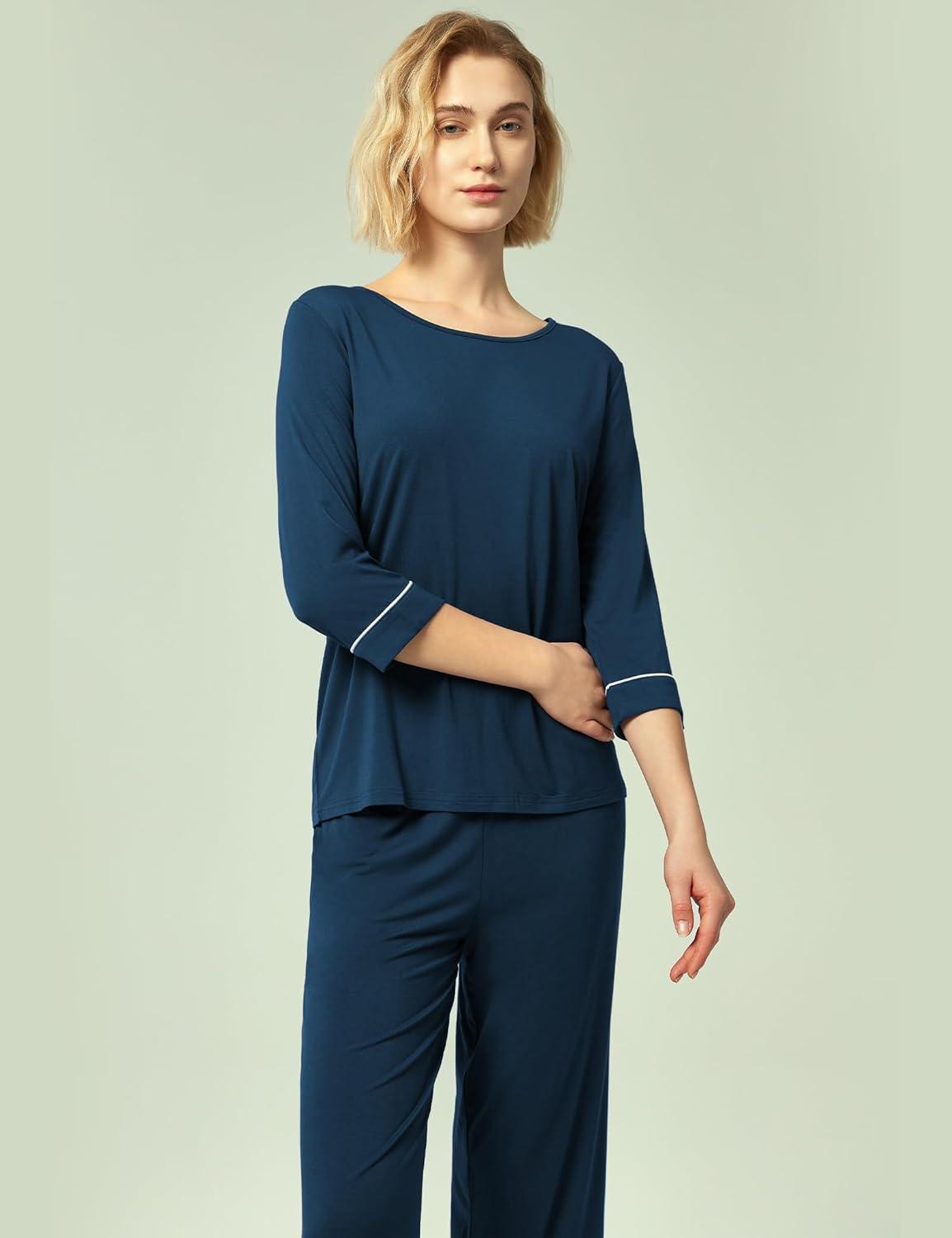 imageGYS Bamboo Viscose Womens Pajama Sets 34 Sleeve Top and Capri Pants 2 Piece Sleep SetInk Blue
