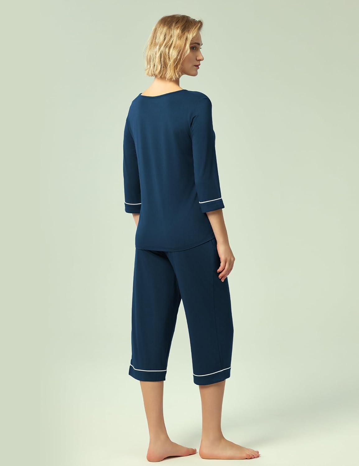 imageGYS Bamboo Viscose Womens Pajama Sets 34 Sleeve Top and Capri Pants 2 Piece Sleep SetInk Blue