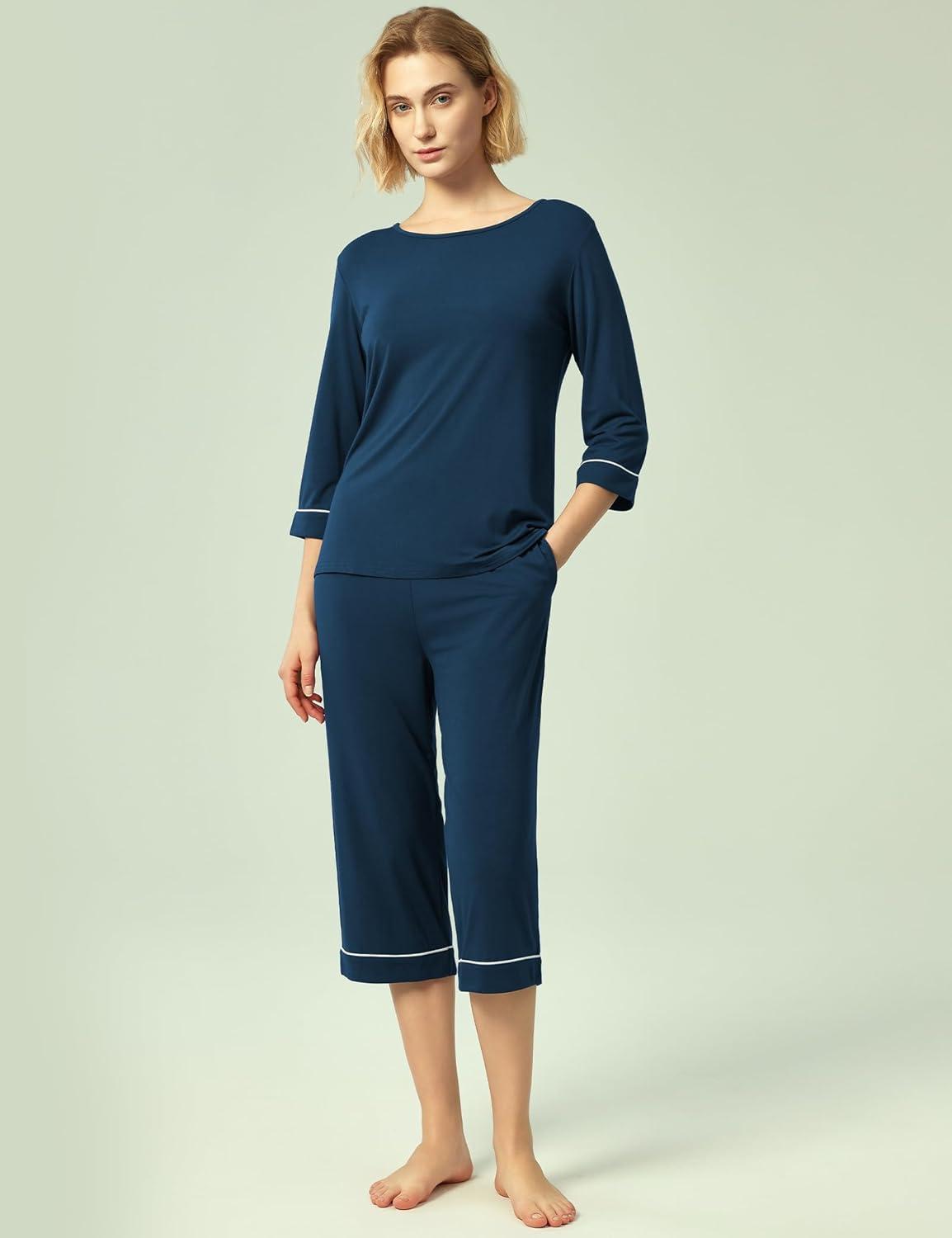 imageGYS Bamboo Viscose Womens Pajama Sets 34 Sleeve Top and Capri Pants 2 Piece Sleep SetInk Blue
