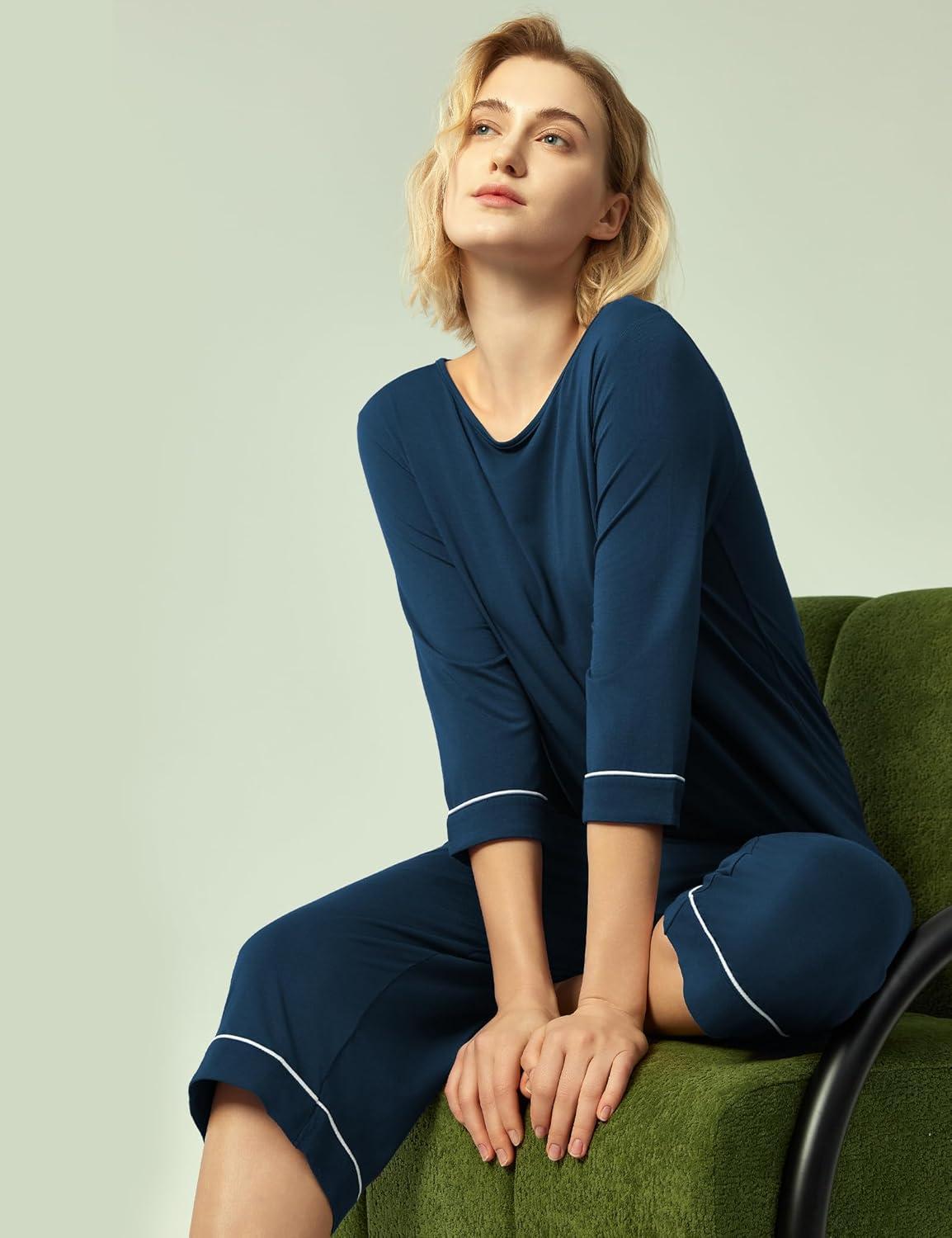 imageGYS Bamboo Viscose Womens Pajama Sets 34 Sleeve Top and Capri Pants 2 Piece Sleep SetInk Blue