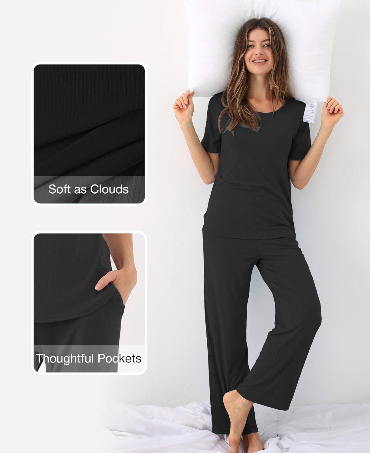 imageGYS Bamboo Viscose Womens Pajama Sets MoistureWicking Short Sleeve Sleep Set with Pocket Sleepwear for Nightly ComfortBlack