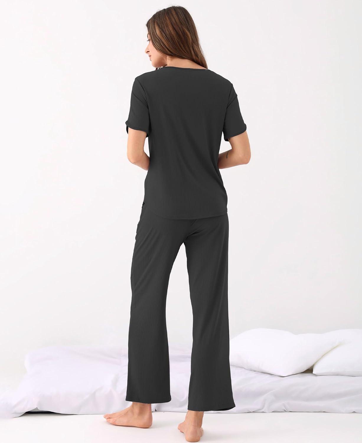 imageGYS Bamboo Viscose Womens Pajama Sets MoistureWicking Short Sleeve Sleep Set with Pocket Sleepwear for Nightly ComfortBlack