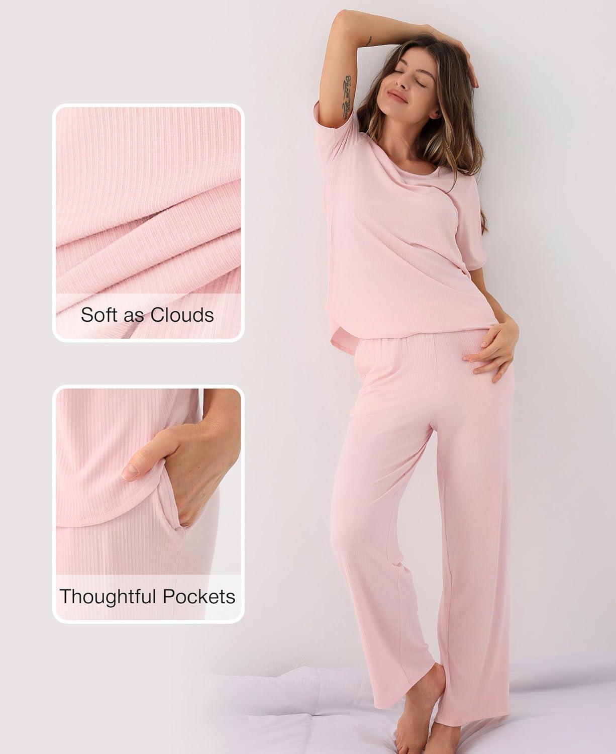 imageGYS Bamboo Viscose Womens Pajama Sets MoistureWicking Short Sleeve Sleep Set with Pocket Sleepwear for Nightly Comfortpeach