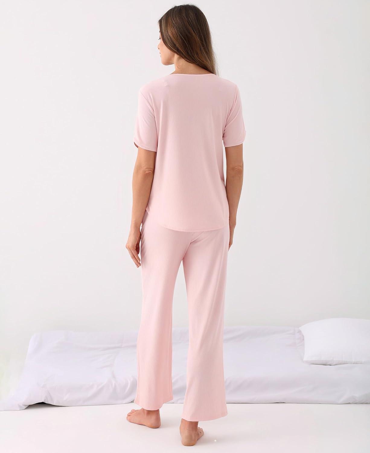 imageGYS Bamboo Viscose Womens Pajama Sets MoistureWicking Short Sleeve Sleep Set with Pocket Sleepwear for Nightly Comfortpeach