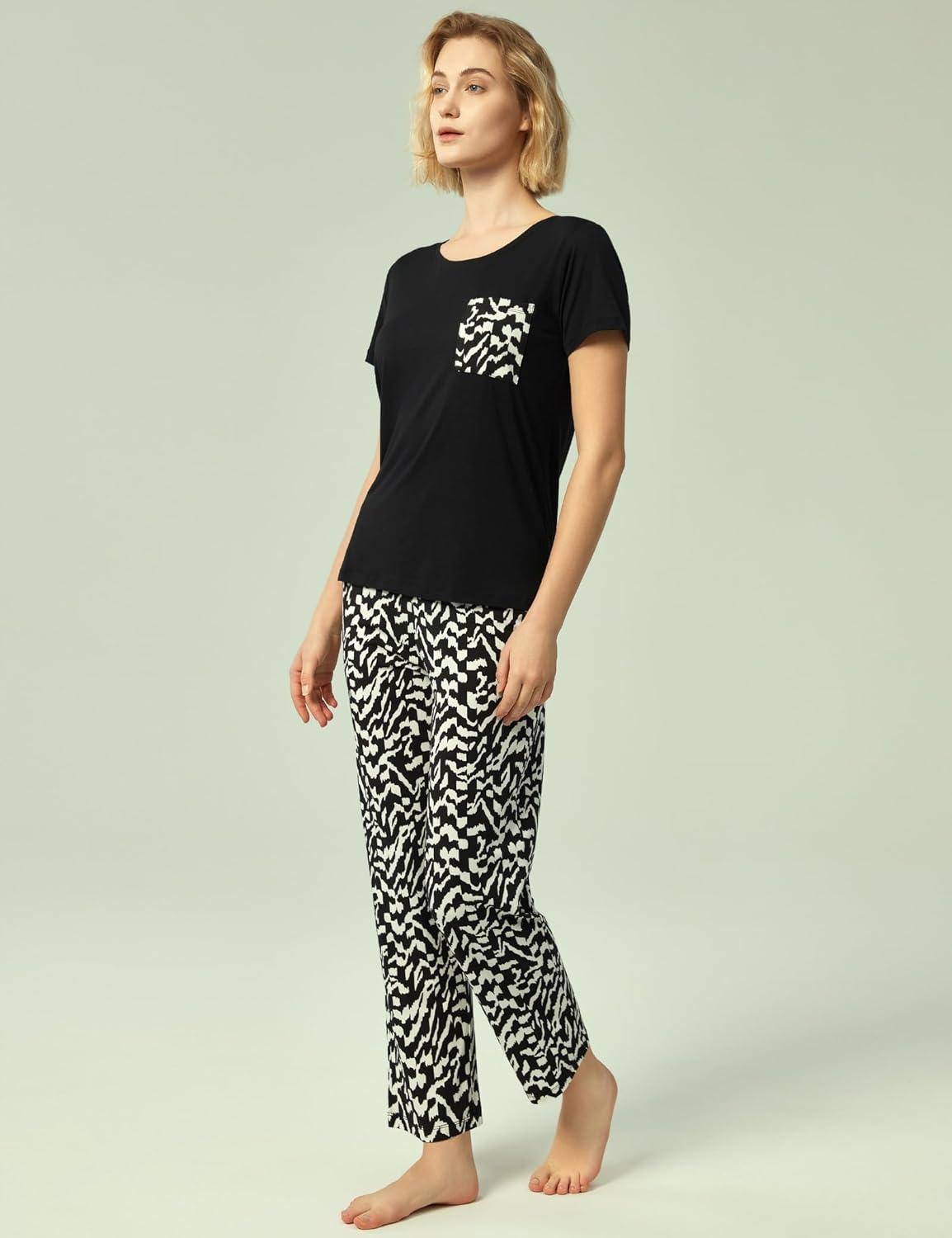 imageGYS Soft Pajama Sets for Women Short Sleeve Printed Sleep Set Viscose Made from BambooBlack