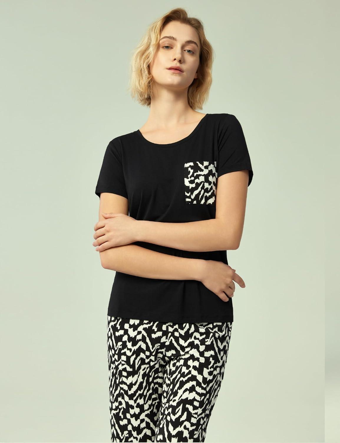 imageGYS Soft Pajama Sets for Women Short Sleeve Printed Sleep Set Viscose Made from BambooBlack