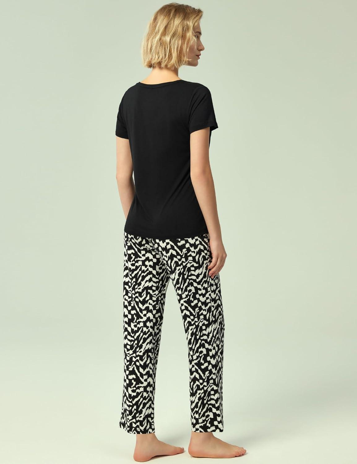 imageGYS Soft Pajama Sets for Women Short Sleeve Printed Sleep Set Viscose Made from BambooBlack