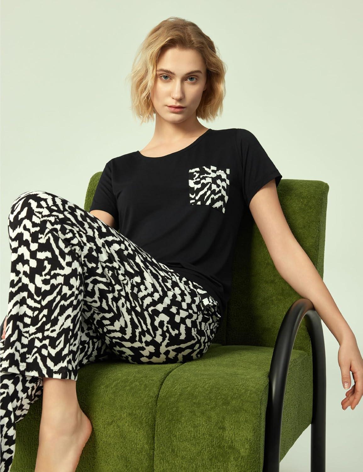 imageGYS Soft Pajama Sets for Women Short Sleeve Printed Sleep Set Viscose Made from BambooBlack