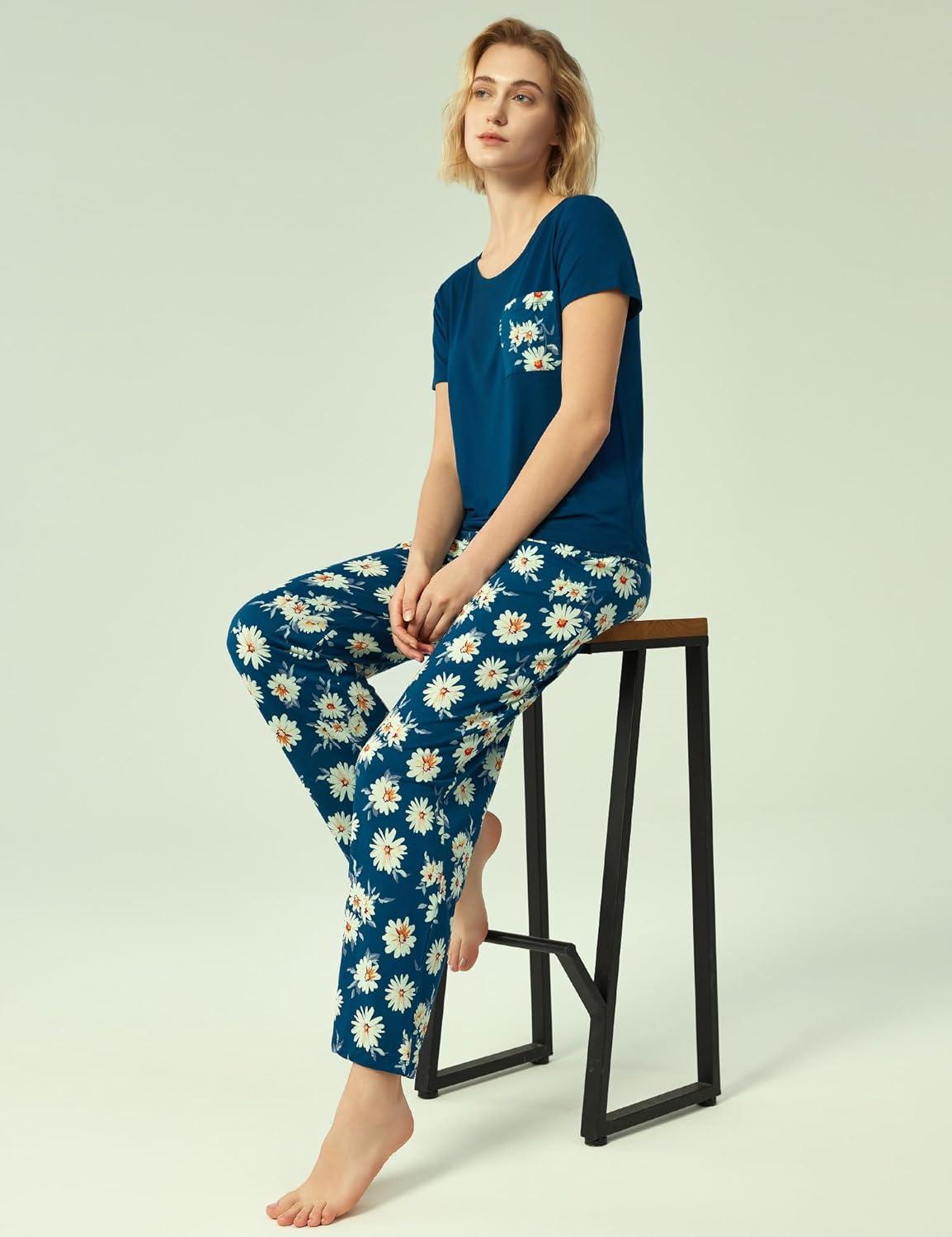 imageGYS Soft Pajama Sets for Women Short Sleeve Printed Sleep Set Viscose Made from BambooBlue Daisy
