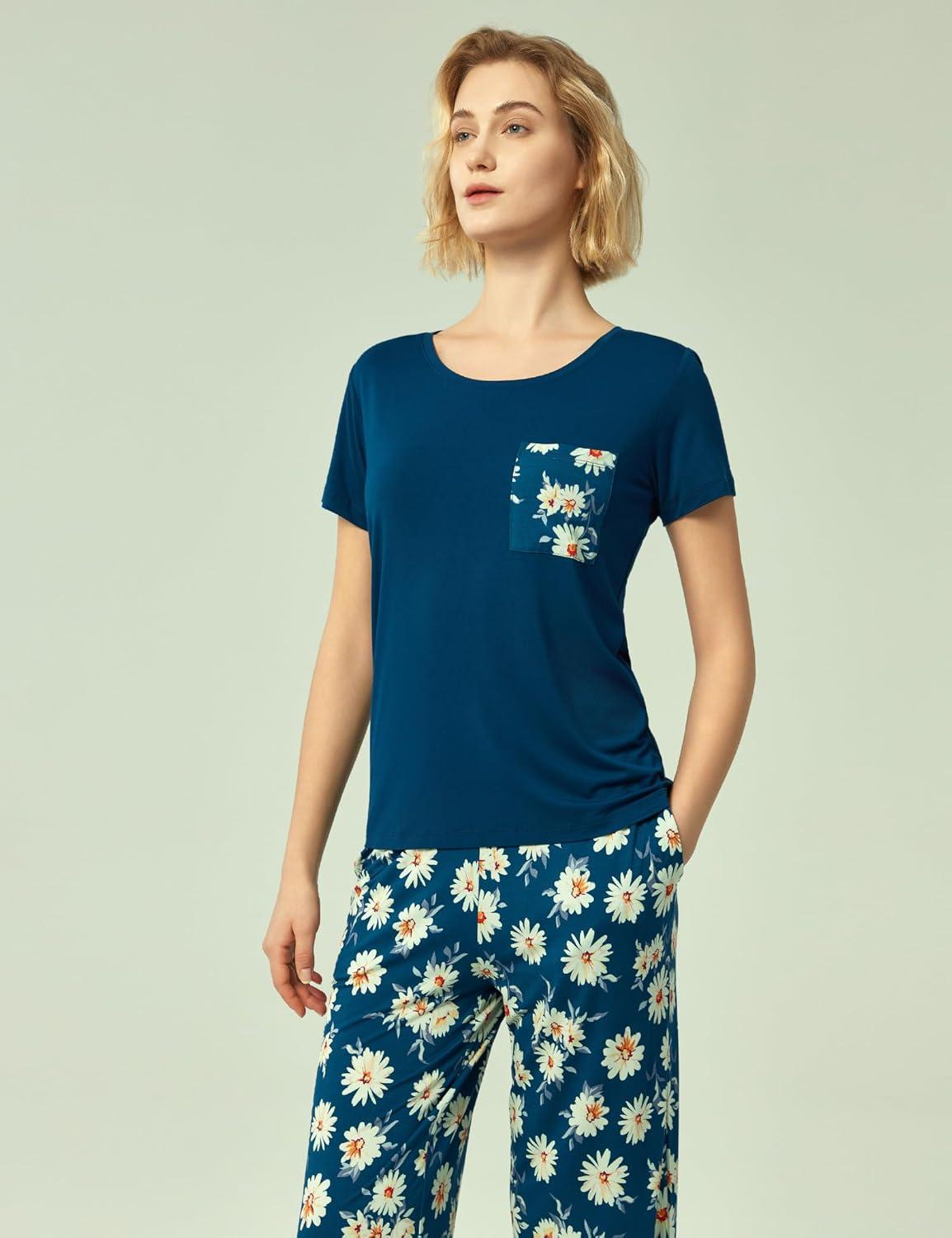 imageGYS Soft Pajama Sets for Women Short Sleeve Printed Sleep Set Viscose Made from BambooBlue Daisy