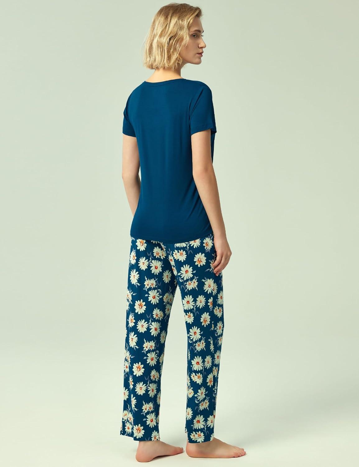 imageGYS Soft Pajama Sets for Women Short Sleeve Printed Sleep Set Viscose Made from BambooBlue Daisy