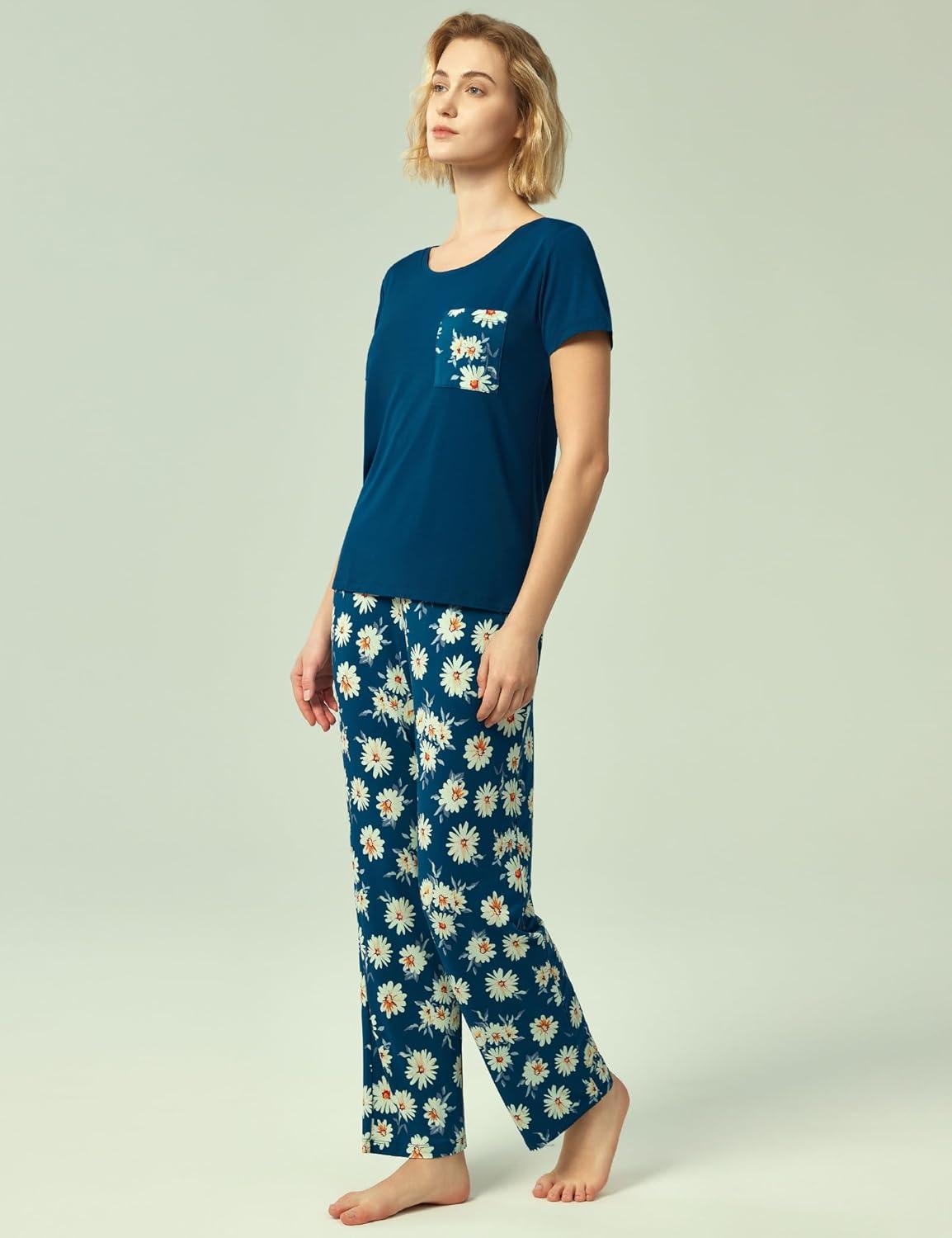imageGYS Soft Pajama Sets for Women Short Sleeve Printed Sleep Set Viscose Made from BambooBlue Daisy