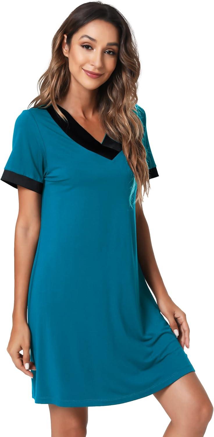 imageGYS Womens Bamboo Viscose Short Sleeve Nightgowns Soft V Neck Knit SleepwearTeal Blue
