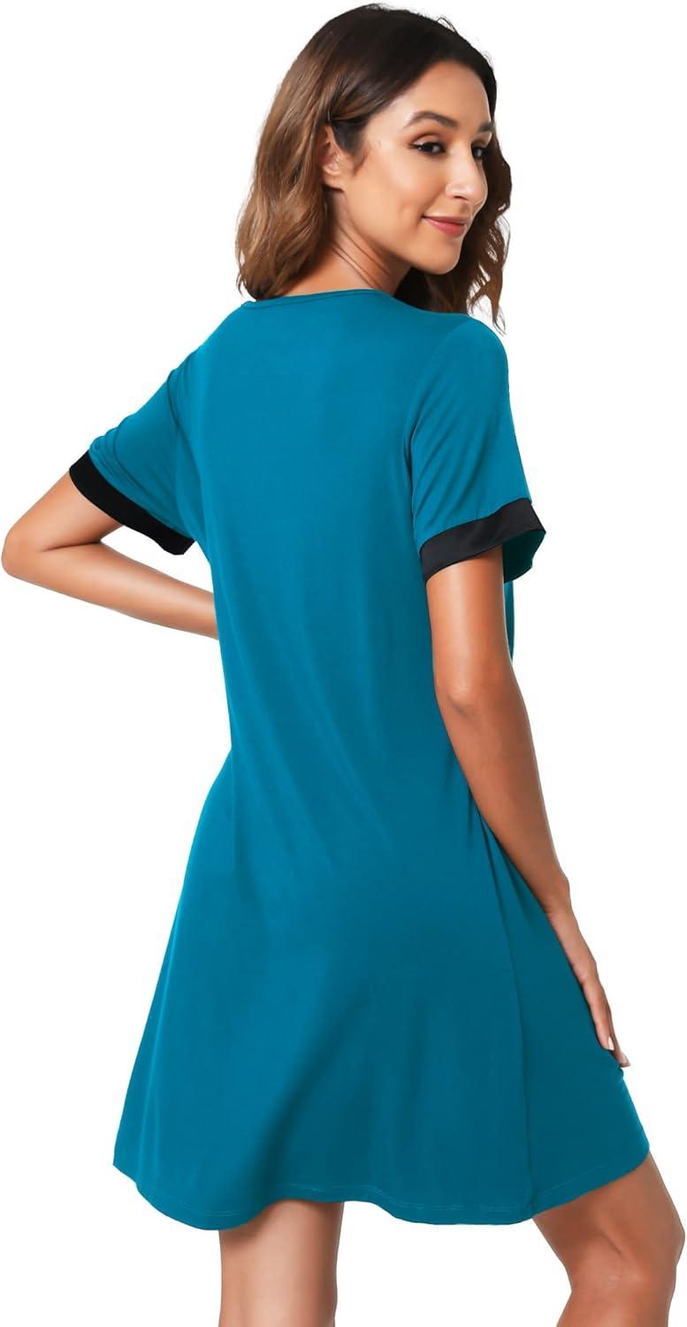imageGYS Womens Bamboo Viscose Short Sleeve Nightgowns Soft V Neck Knit SleepwearTeal Blue