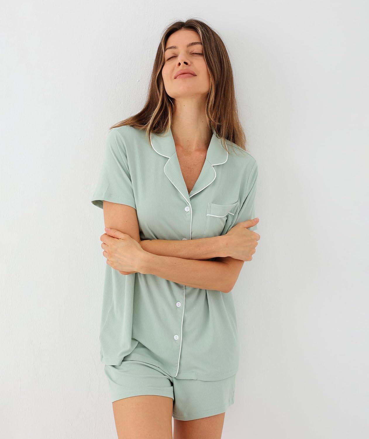 imageGYS Womens Pajama Set Bamboo Viscose Short Sleeve Button Down 2 Piece Sleep SetsAqua