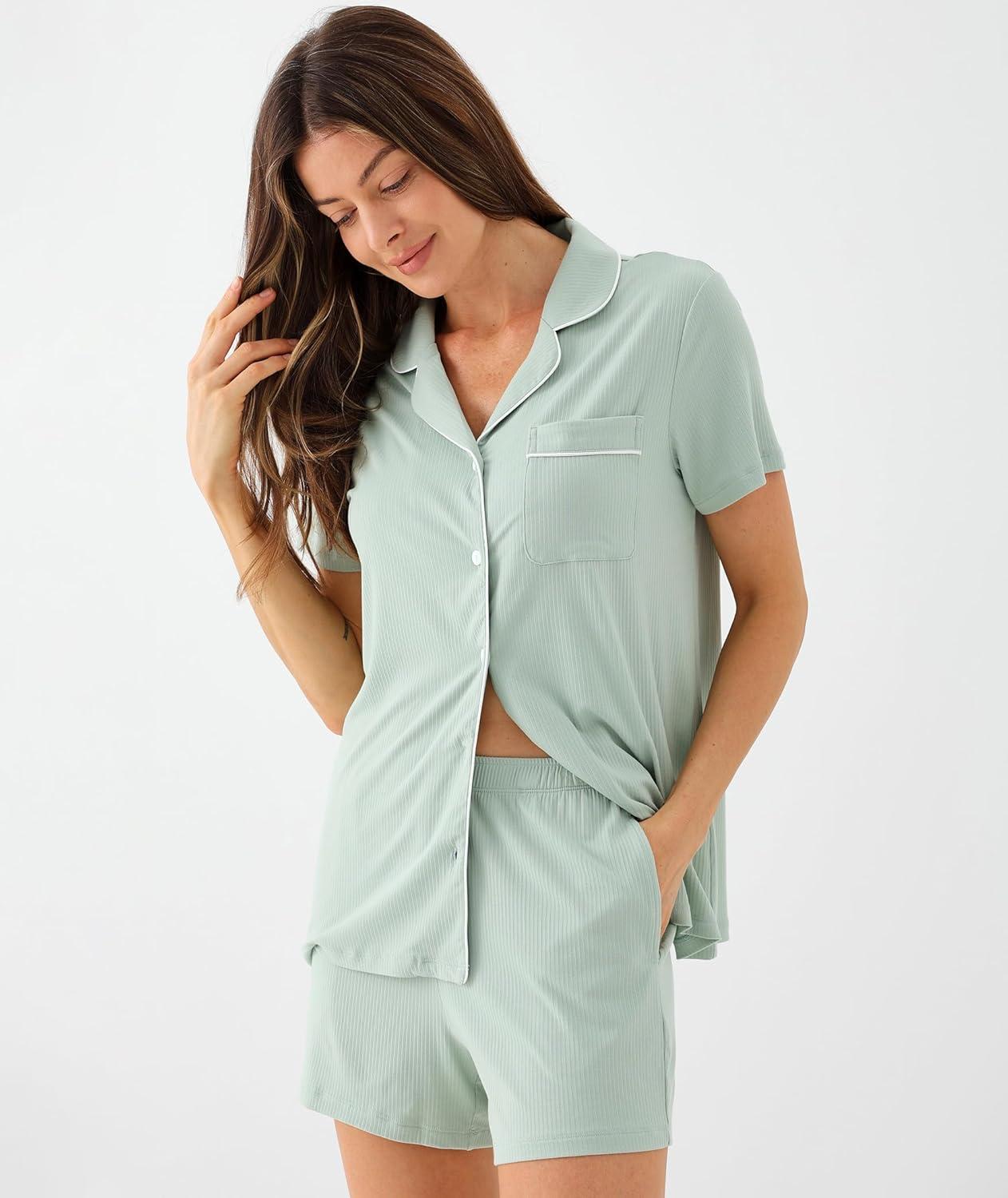 imageGYS Womens Pajama Set Bamboo Viscose Short Sleeve Button Down 2 Piece Sleep SetsAqua