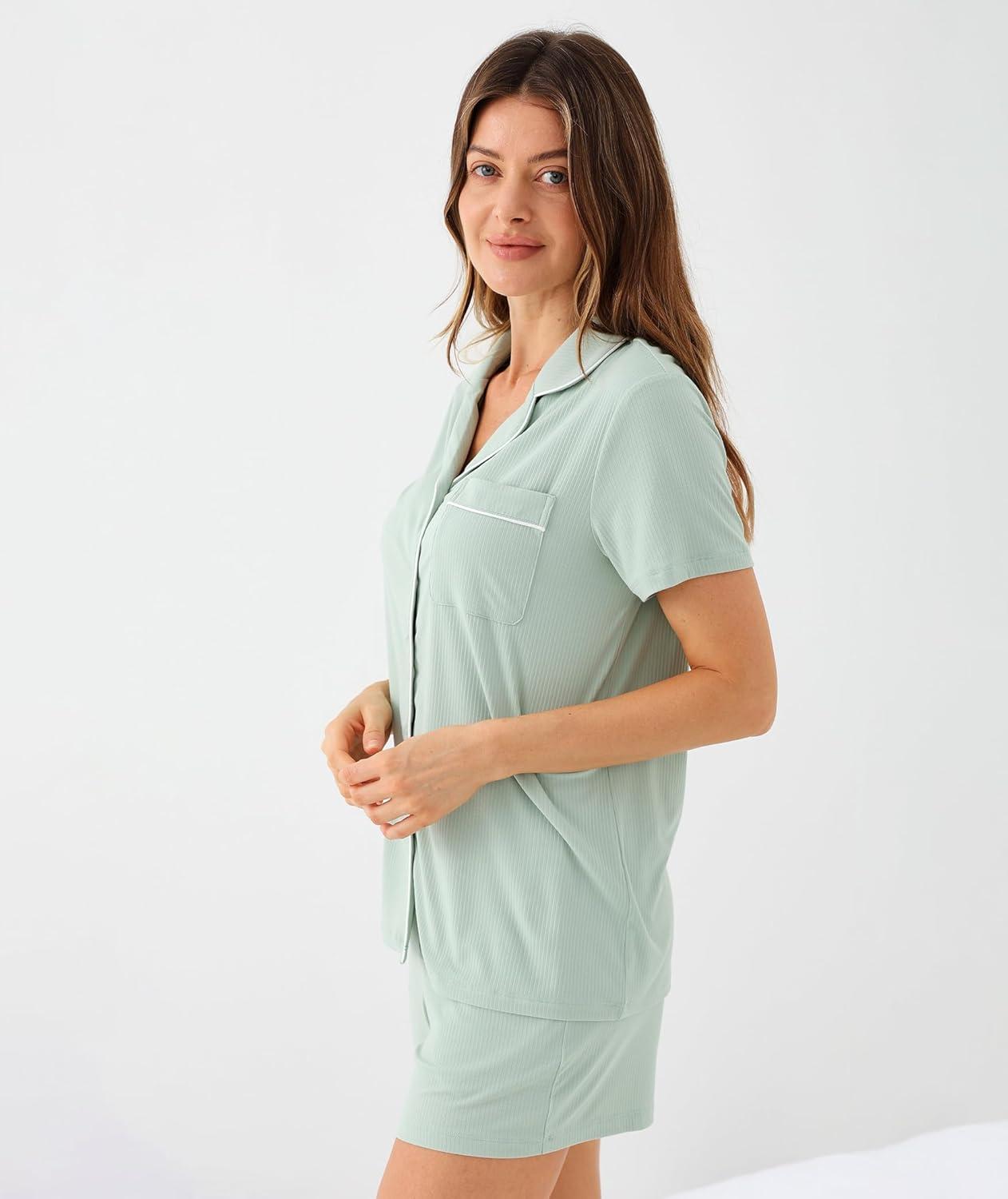 imageGYS Womens Pajama Set Bamboo Viscose Short Sleeve Button Down 2 Piece Sleep SetsAqua