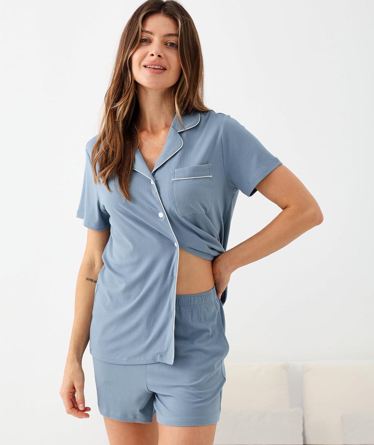 imageGYS Womens Pajama Set Bamboo Viscose Short Sleeve Button Down 2 Piece Sleep SetsGrayish Blue