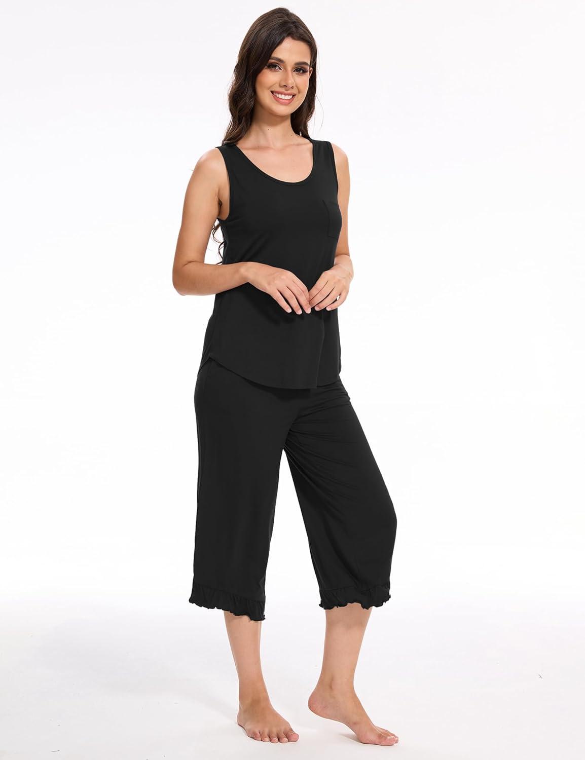 imageGYS Womens Pajama Sets 2 Piece Bamboo Viscose Lounge Sets for Women Soft Tank Top and Capri Pants Sleepwear Pjs SXXLBlack