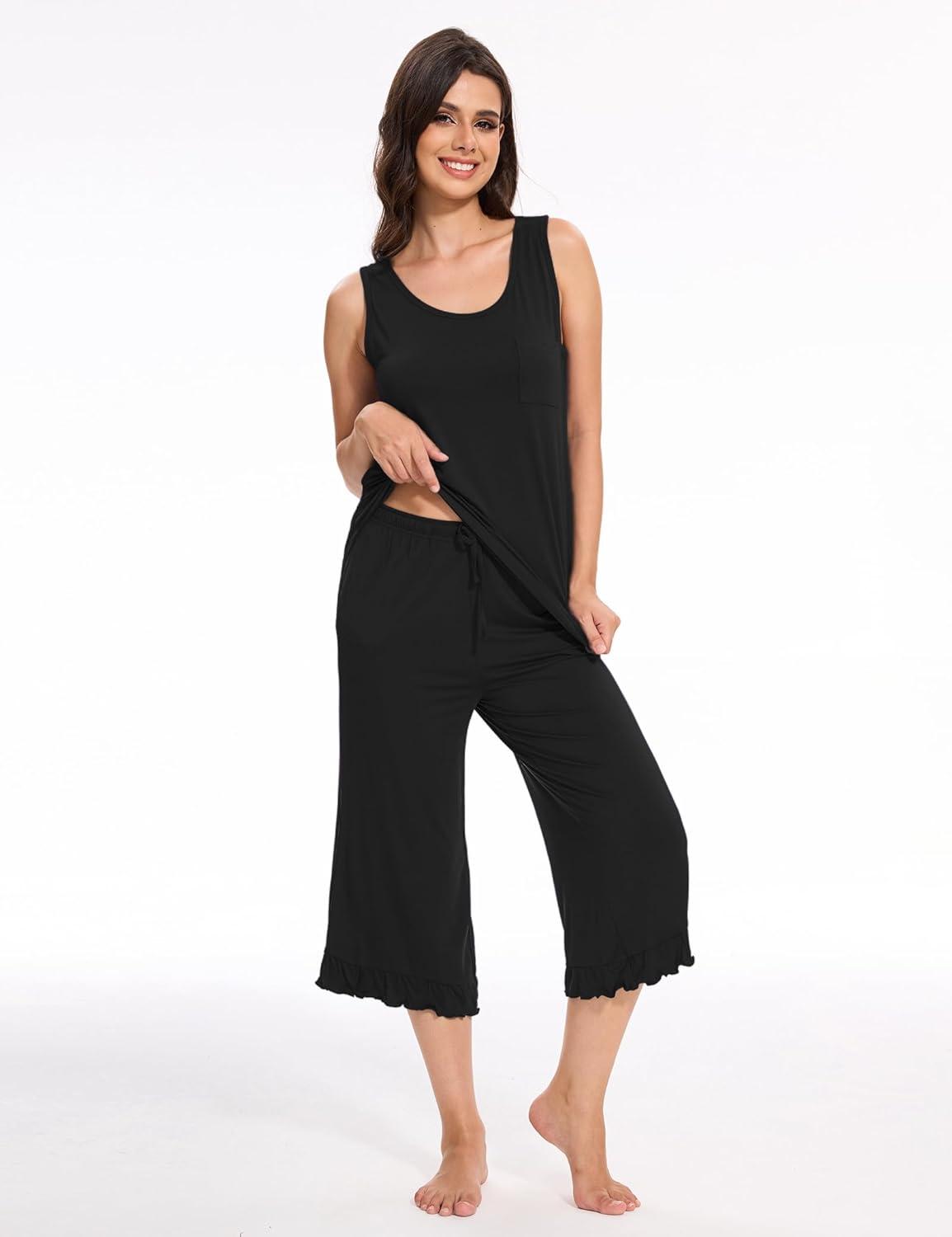 imageGYS Womens Pajama Sets 2 Piece Bamboo Viscose Lounge Sets for Women Soft Tank Top and Capri Pants Sleepwear Pjs SXXLBlack